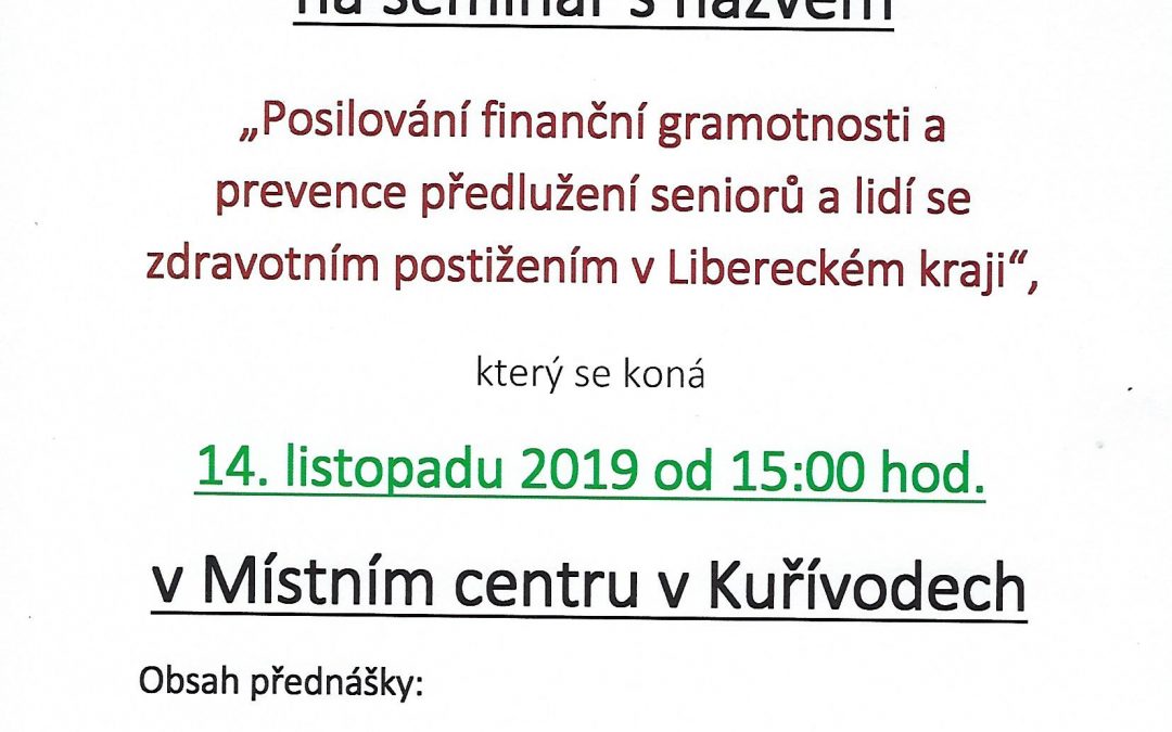 Pozvánka na seminář ,,Posilování finanční gramotnosti a prevence předlužení seniorů a lidi se zdravotním postižením”